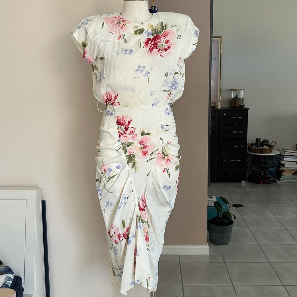 Vintage White Floral Pleated Hip Silhouette Dress size small